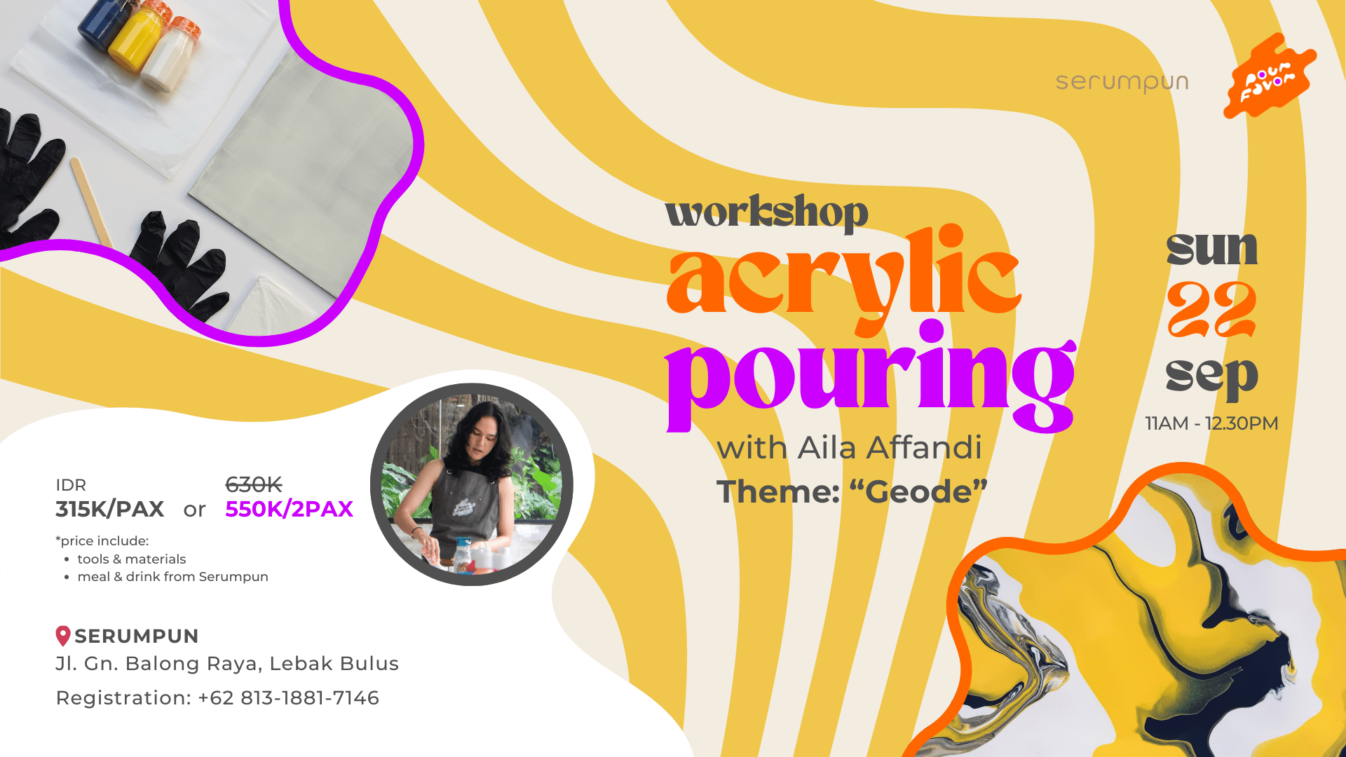 pour favor, liquid art, kegiatan jakarta, kelas melukis, kegiatan art, kegiatan seni, date ideas, kegiatan keluarga, class schedule, workshop, art workshop, workshop jakarta, art class, weekend activity jakarta, acrylic pouring, fluidart, pourfavorid, pour favor indonesia, aila affandi, mayanov, serumpun lebak bulus
